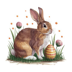 Adorable brown Easter bunny with fluffy white fur and eggs on grass