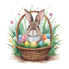 A cute Easter bunny with a basket of colorful eggs on green grass, perfect for a spring holiday celebration