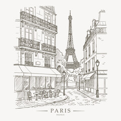 Artistic line drawing of a Parisian alleyway leading towards the recognizable Eiffel Tower © esa