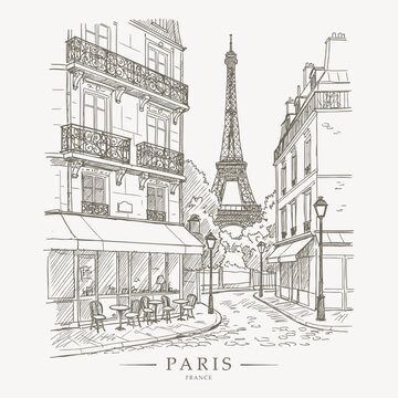 Artistic line drawing of a Parisian alleyway leading towards the recognizable Eiffel Tower
