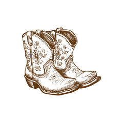 Wild West rodeo cowboy footwear ink vector clipart. Floral cowgirl boots in vintage western style.