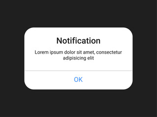 Notification Popup UI Dialog with OK Button on Dark Background for Website or Mobile Application