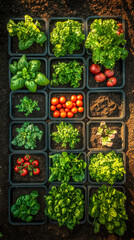 Square foot garden featuring a variety of fresh crops including lettuce, tomatoes, and herbs in organized plots