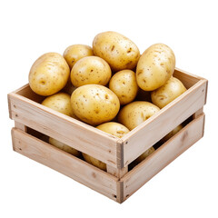 wooden box of harvested potatoes on transparent background