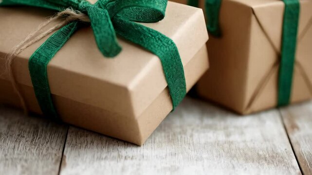 Two Wrapped Presents with Green Ribbon on Rustic Wooden Table for Holiday Gift Giving, Season's Greetings, Festive Occasions.