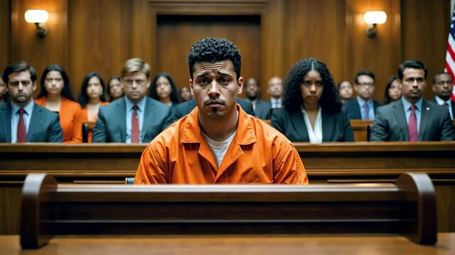 Inmate in orange jumpsuit seated in courtroom during trial with lawyers and jury observing in background