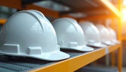 White hard hats arranged on metal shelf, industry workers safety. Row of protective headwear, workplace hazard prevention concept. Construction engineer equipment safety. Helmets on storage shelves,