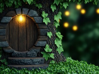 Naklejka premium Enchanted Tree Door with Glowing Light Surrounded by Green Leaves and Lush Grass in a Magical Forest Setting