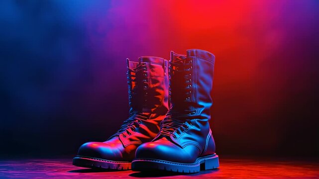 Dramatic studio shot of black leather combat boots with red and blue lighting