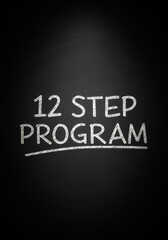Phrase "12 Step Program" written in white chalk on blackboard. Concept related to recovery, support systems, or personal development steps.