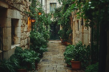 Obraz premium Exploring a serene garden pathway historic alley photo tranquil environment close-up view nature's beauty