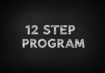 Phrase "12 Step Program" written in white chalk on blackboard. Concept related to recovery, support systems, or personal development steps.