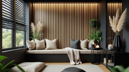 Modern zen-style seating area with wooden wall paneling
