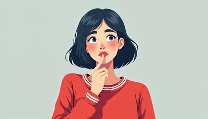Young woman in red sweater considers thoughts in a minimalistic 3D illustration. Brunette girl thinks. The pensive female shows a decision portrait. Simple calm face expression.