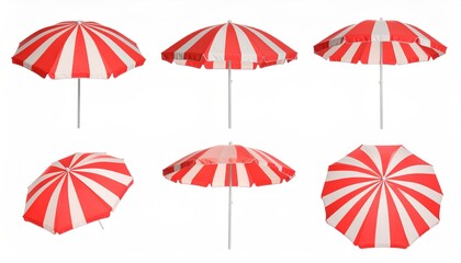 Collection of Red and White Striped Beach Umbrellas Set Against a Light Background