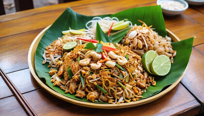Pad Thai with Chan noodles in a round tray lined with banana leaves on a Thai-style wooden table with wooden chopsticks on the side.