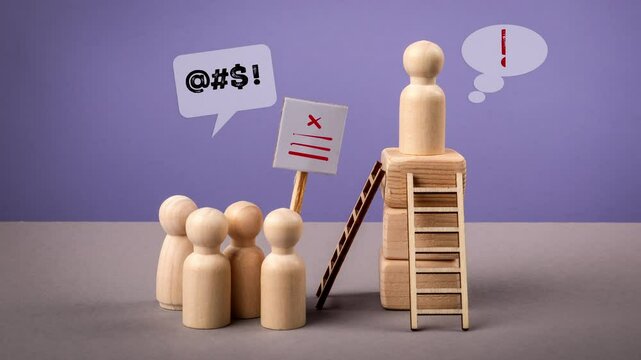 Leadership Crisis and Public Protest Concept with Wooden Figures, Speech Bubbles, and Ladder on Purple Background