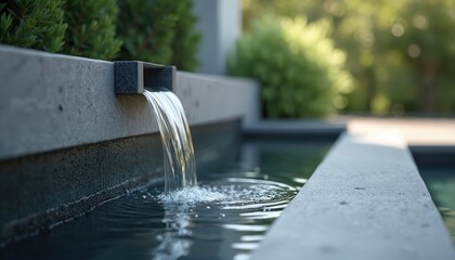 Minimalist outdoor water feature with sleek design. Water flows from stone into pool, creating calming sound. Nature, tranquility in outdoor space. Modern garden feature with serene atmosphere for