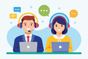 Call center icon featuring male and female agents in headphones, symbolizing customer support and service. Ideal for helpdesk, contact centers, and customer service applications.