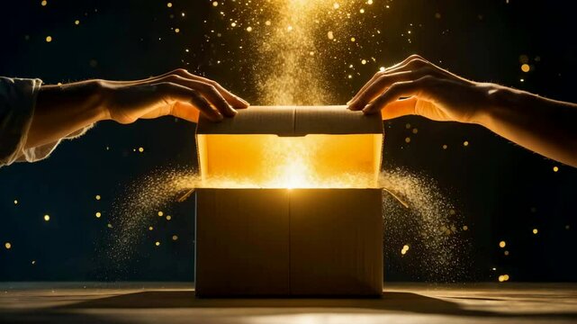 Hands opening glowing cardboard box with magical light and sparkles floating upward in dark mystical background