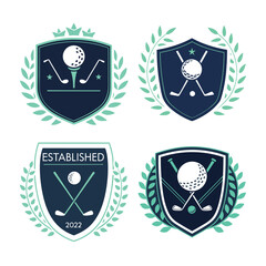 Golf Club Logo Set: Crests with Golf Balls, Clubs, and Laurel Wreaths.