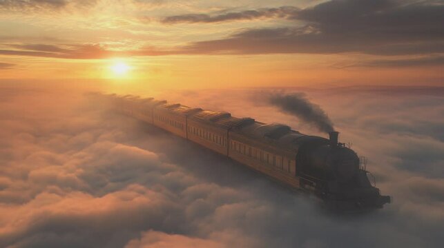 A forgotten railway floating above a sea of clouds, with ghostly carriages appearing only at dawn 4k ultra realistic