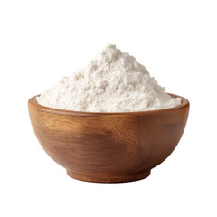 wooden bowl with white fine flour on transparent background