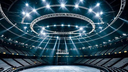 Large empty stadium interior with powerful spotlights and circular truss lighting shining onto performance stage area - Powered by Adobe