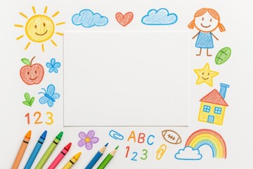 Colorful childlike drawing frame with doodles of sun, clouds, rainbow, and school symbols on a white background. Ideal for educational materials, kids’ art themes, or playful learning visuals.