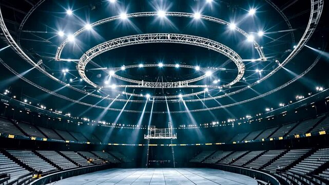 Large empty stadium interior with powerful spotlights and circular truss lighting shining onto performance stage area