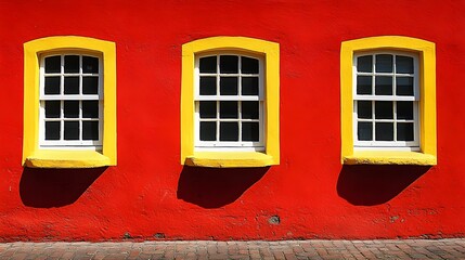 Three Windows Red Wall Yellow Frames Bright Sunlight