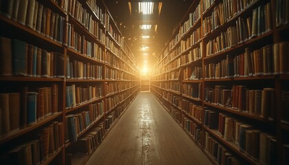 A long library aisle with wooden bookshelves containing many old books and lighting
