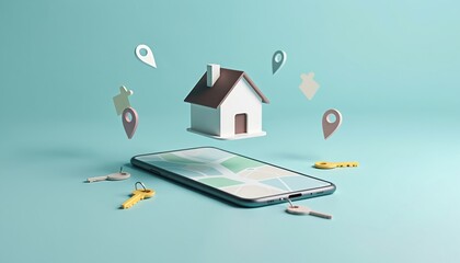 3D render model house, house keys, map, icons floating above phone. Real estate search online concept, mortgage, buying property, apartment hunting, rental. Home search app for mobile.