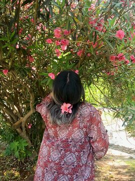 MUJER DE CABELLO NEGRO OLIENDO LAS FLORES ROSAS