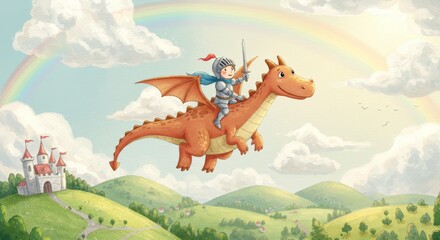 Young knight riding dragon over green hills with castle and rainbow  