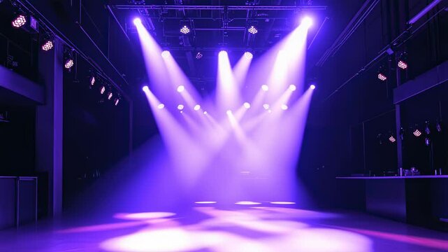 Empty nightclub dance floor illuminated by vibrant purple stage lights