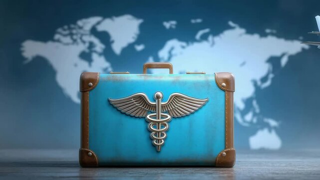 A blue medical suitcase with a caduceus symbol and an airplane flying above it, set against a world map background.