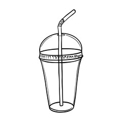 Empty Plastic cup with a straw for cold lemonade sketch. Cold drink to go outline drawing painted by black inks. Hand drawn vector illustration on white. Cocktail hand drawn eps. Decoration for menus