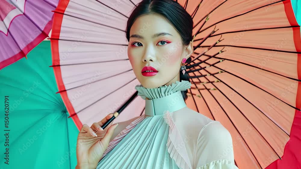 Poster captivating fashion portrait of a model holding lipstick under colorful umbrellas in vibrant setting