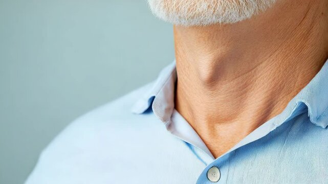 A close-up of an elderly man's hand gently resting on his throat, depicting sensitivity and contemplation in a serene setting.