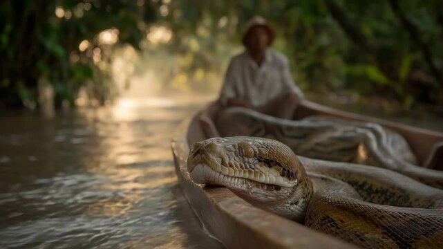 A giant python threatens a man on an arrowboat in the Amazon rainforest