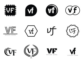 VF logo company template. Letter v and f logotype. Set different classic serif lettering and modern bold text with design elements. Initial font typography.