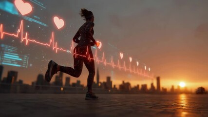 A person runs at sunrise with heart rate and health data graphics overlayed, symbolizing fitness and wellness in an urban setting. - Powered by Adobe