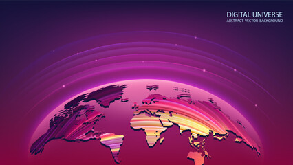 Bright technological vector background. Planet Earth. Abstract technological rings in the orbit of the planet. Global communication system and communication satellites. Religious image.