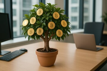 Creative indoor plant concept with cryptocurrency coins in modern office setting