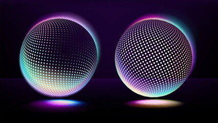 Vector image. Two bright neon spheres with dotted pattern on dark purple background. Abstract 3D design with glow effect in futuristic style.