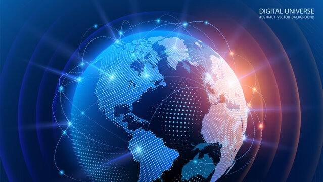 Dark blue vector background. Planet Earth. Abstract technological rings in the orbit of the planet. Global communication system and communication satellites. Religious image. The effect of movement.