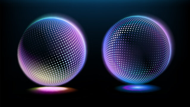 Vector image. Neon spheres with texture. Glow effect. Bright neon colors. Template for poster design. - Powered by Adobe