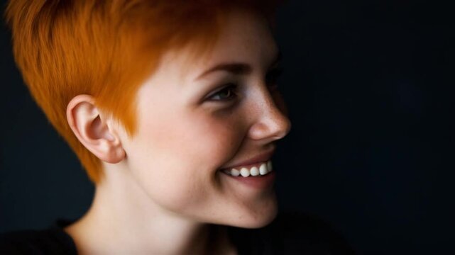 A portrait of a joyful woman with a vibrant orange pixie cut