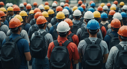 Group Hard Hats Backpacks Construction Site